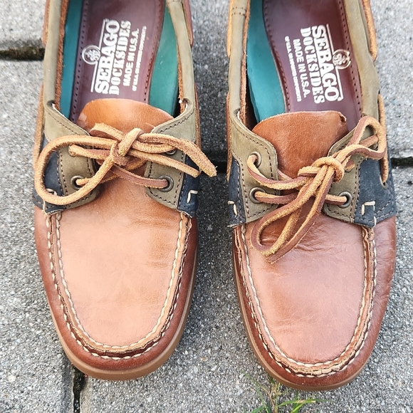 Sebago Docksides Two Tone Brown/Navy/Green Slip-on Leather Boat Shoes - Picture 4 of 11